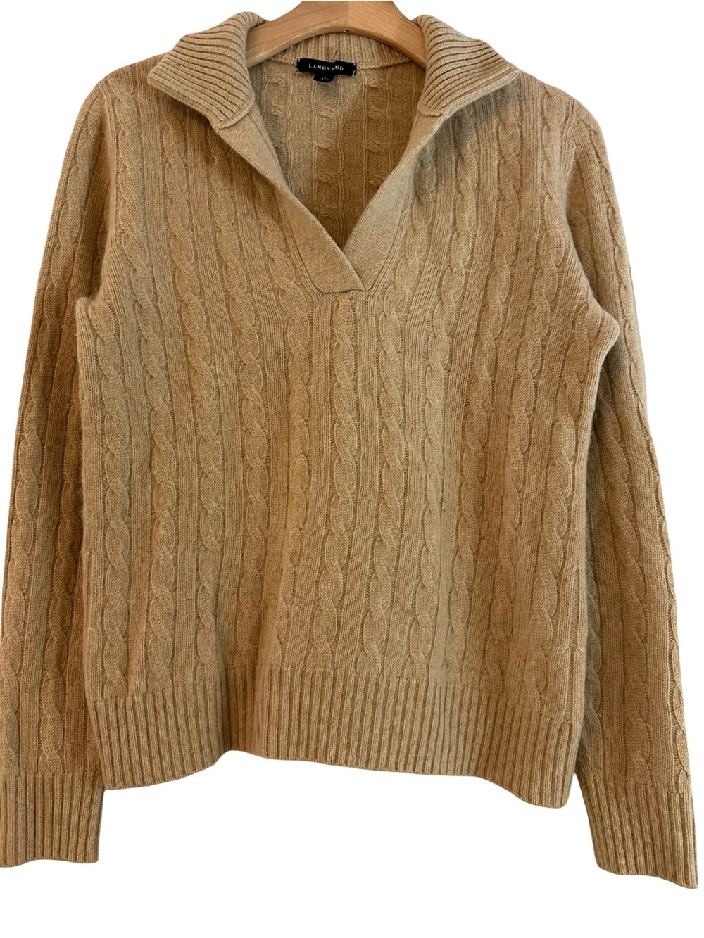 Lands' End Vintage Women's Size S Tan Camel Cashmere Cable V-Neck Collar Sweater